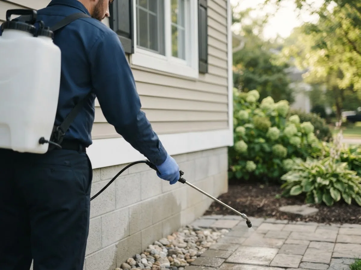 Pest control technician inspecting a home in Poplar Grove, AR